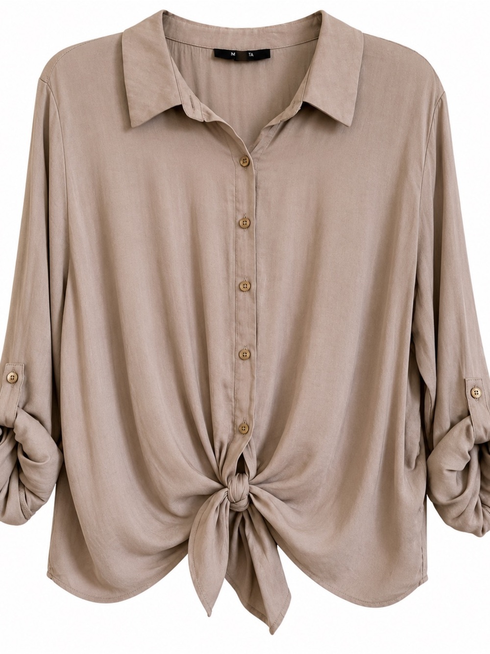 Lightweight Roll Tab Sleeve Tie Front Button Blouse Minimalist Capsule Old Money